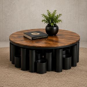 Modern Round Coffee <b>Table</b> Wood Top with Black Metal Tube Base for Living Room Home <b>Office</b> Lounge Interior Furniture Decor - Product Image 5