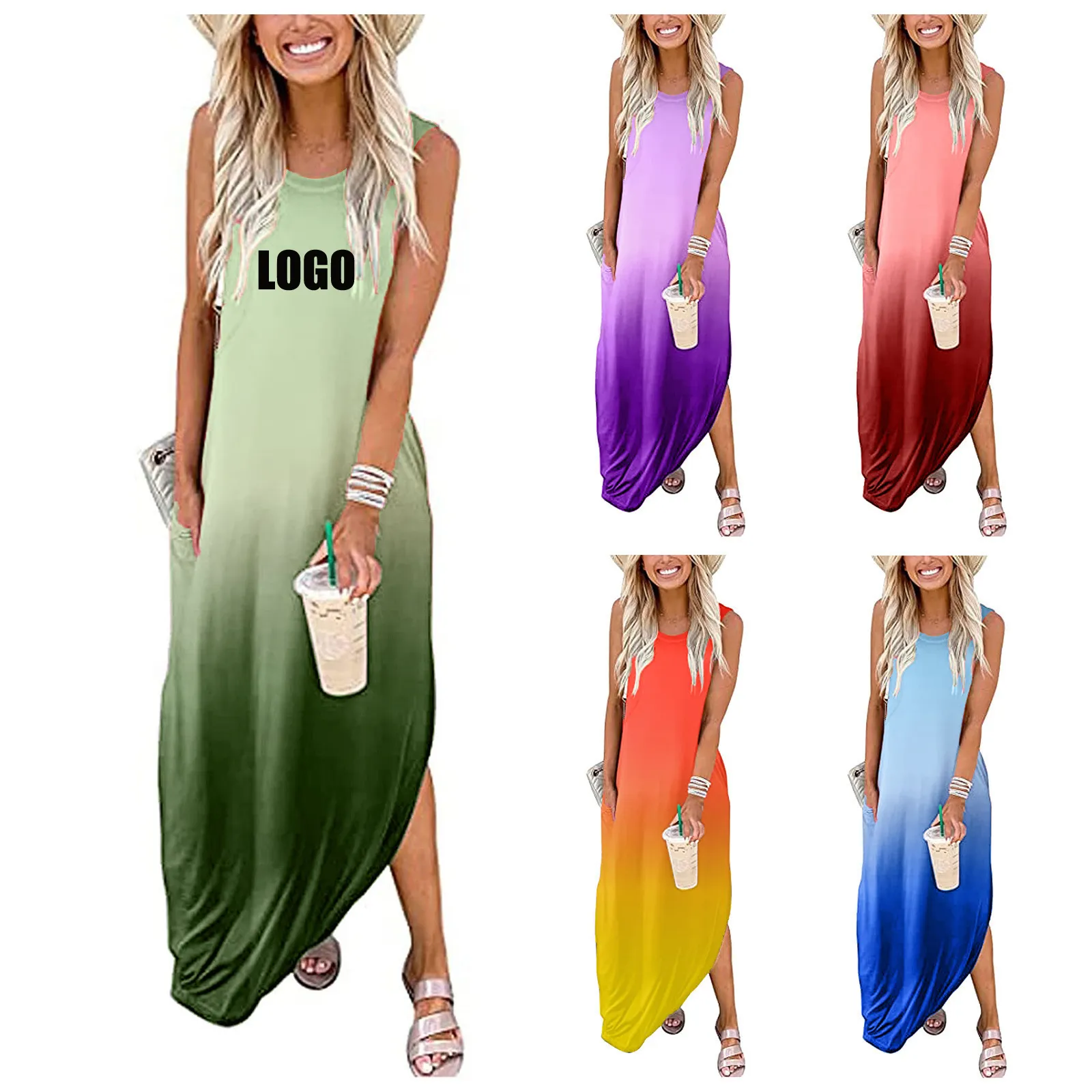Hot sale fashion Summer casual adult sleeveless gradient color clothes Printed logo Floral Women's Clothing Elegant Lady dresses