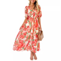Vente en gros de vêtements pour femmes de haute qualité, sur mesure, nouveau design, tricoté, col en V, taille élastique, imprimé floral, décontracté, bohème, midi