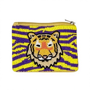 Monedero con cuentas de tigre con rayas amarillas y moradas, cierre de cremallera, hecho a mano, estilo de dibujos animados, tamaño mini unisex - Product Image 1