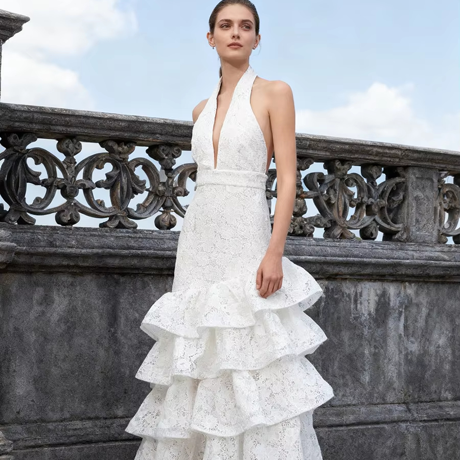Autumn High Quality Dress French Elegant White Ruffled V-neck Halter Neck  Backless Sleeveless Design Women's Dress| Alibaba.com