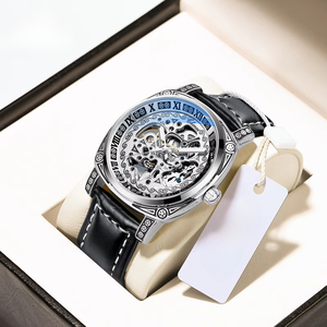 Luxury Men's Gold Vintage Carved <b>Skeleton</b> <b>Automatic</b> Mechanical <b>Watch</b> Roman Numerals Dial Leather Strap Luminous Waterproof <b>Watch</b> - Product Image 3