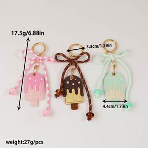 Porte-clés en cuir PU en forme de crème glacée avec nœud, perles et breloque de sac en forme de sucette, pendentif fait main pour la décoration, l'usage quotidien et les cadeaux - Product Image 5