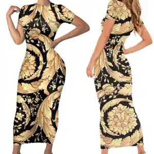  Vestido bodycon feminino, vestido moda dourado floral para mulheres, casual, elegante, feminino, europeu e americano, com estampa de flores, manga curta