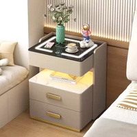 Table de chevet moderne de luxe légère, multifonctionnelle, en bois, avec éclairage LED, plateau en verre trempé, sans fil
