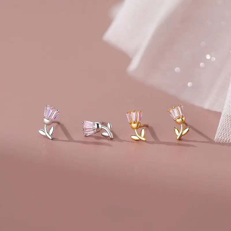 Fashion Pink Cubic Zircon Tulips Flower Stud Earrings Wholesale 925 Sterling Silver Girls Summer Jewelry Gifts
