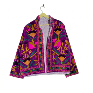 Manteau en velours pour femme grande taille, style bohème, broderie florale à la main, col mandarin, manches longues, vêtement d'extérieur décontracté pour l'automne - Product Image 1