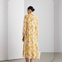 Robe longue 100 % soie de mûrier à imprimé floral pour femme, élégante, vintage, avec encolure à volants, taille haute, coupe trapèze, collection Printemps 2026
