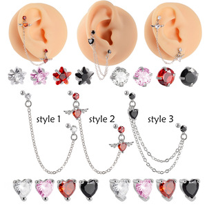 YW Angel Heart Zircon <span class=keywords><strong>Tragus</strong></span> Helix <span class=keywords><strong>Piercing</strong></span> <span class=keywords><strong>Double</strong></span> chaîne lien Lobe <span class=keywords><strong>oreille</strong></span> clou en acier inoxydable <span class=keywords><strong>oreille</strong></span> <span class=keywords><strong>Piercing</strong></span> boucles d'oreilles - Product Image 1