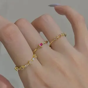 Cincin Hati Zirkon Sepuh Emas 18K Desain Halus Set 3 Buah/Set Cincin Hati Cinta