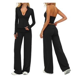 Ensemble de yoga brossé pour femmes, 3 pièces, vêtements de sport décontractés amples, haut halter, soutien-gorge de sport, camisole, pantalon large pour l'entraînement en plein air - Product Image 4