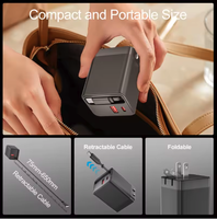 Chargeur compact 65W PD 3.0 double USB-C avec câble rétractable, prise pliable, sécurité intelligente, matériau PC ignifuge pour appareil photo et écouteurs