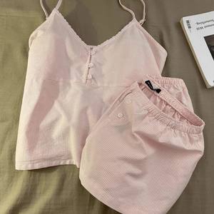 Pigiama Estivo da Donna in Stile Francese Dolce e Femminile, Vestibilità Aderente, a Righe con Scollo a V, Canotta e Pantaloncini Traspiranti, Abbigliamento da Casa Casual, Tinta Unita Plus - Product Image 2