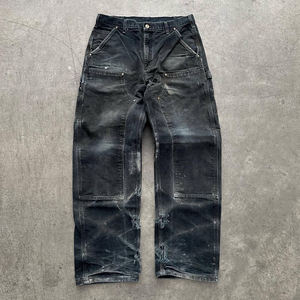 TOPSHOW <span class=keywords><strong>Pantalon</strong></span> de travail en toile vintage déchiré à double genouillère pour homme, style streetwear, en jean délavé, coupe cargo de charpentier - Product Image 2