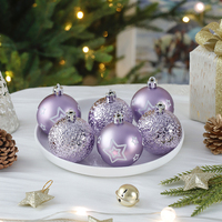 Boules de Noël violettes lavande 6 pièces 6 cm avec motif étoile en relief, incassables, pour suspendre à l'arbre de Noël, coffret cadeau en PVC