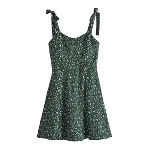 Mini robe d'été en mousseline de soie à imprimé floral de couleur vert foncé avec nœud papillon pour femmes