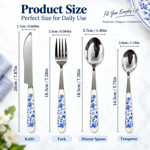 Juego de cubiertos de acero inoxidable de 4 piezas con mango de cerámica azul y blanco, cuchillo, tenedor, cuchara, cucharilla, juego de cubiertos - Product Image 5