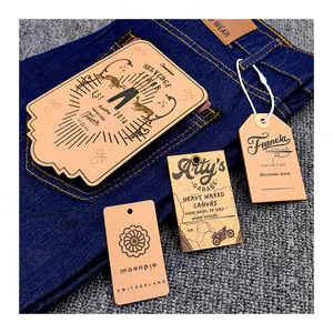 Custom Eco-friendly Kraft Paper Jeans Pocket Labels Debossed Logo Clothing Hangtags with Alloy Eyelets Garment Swing Tags