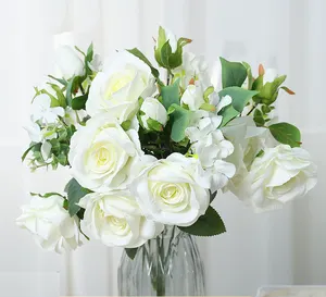 厂家直销13头真丝玫瑰花束白色勃艮第黄色新娘花束人造婚礼玫瑰花