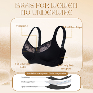 Sutiã Sem Fio Plus Size para Mulheres, Preto com Painel de Renda, Respirável, Cobertura Completa, Confortável para o Verão - Product Image 5