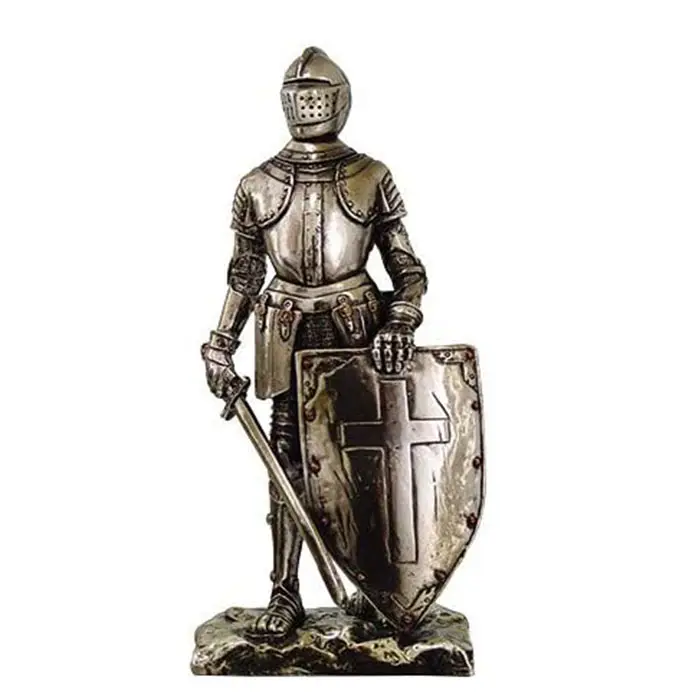Статуя рыцаря крестоносца Серебряная отделка статуя холодного литья из смолы 7 дюймов
