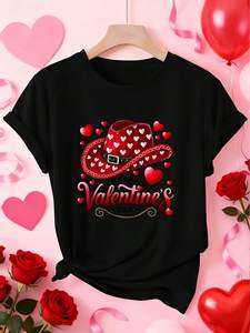 Valentine's Day <b>Women's</b> Short Sleeve T-Shirt Heart Cowboy <b>Hat</b> Print Round Neck Casual Fashion Elegant Spring Summer <b>Top</b> - Product Image 3