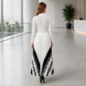 Abito lungo da donna <span class=keywords><strong>stile</strong></span> blazer con doppio petto, patchwork e orlo in pizzo, modello Miyake plissettato, all'ingrosso - Product Image 5