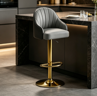 Tabouret de bar moderne avec accoudoirs, coutures verticales, hauteur réglable, pivotant, en cuir PU doré, base en métal
