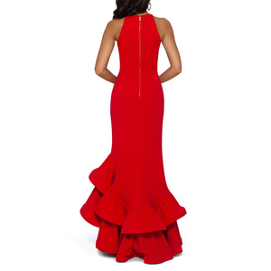 Üretici özel zarif resmi ziyafet yuvarlak boyun kolsuz düzensiz Ruffles Hem yarık kırmızı ziyafet kadınlar abiye - Product Image 6