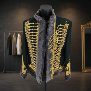 Men's Green PU Double Breasted Embroidered Bomber <b>Jacket</b> Stand Collar Faux Fur Lining Gold Stitching Winter England Style Logo - Product Image 3