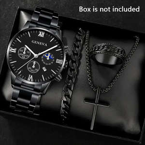 Wholesale Fashion Stainless Steel Quartz <strong>Watch</strong> Bracelet Cross Necklace Jewelry Classic Boy Gold <strong>Geneva</strong> <strong>Watches</strong> <strong>Set</strong> for Men - Product Image 3