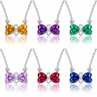 Nouveau Collier SPJ en Argent Sterling S925 Papillon Double Cœur avec Pierre de Naissance, Bijou d'Anniversaire en Zircon Cubique pour Femme (12 Mois)
