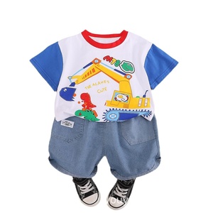 2025 été nouveaux garçons tenue décontractée couleur bloc dessin animé <span class=keywords><strong>Mini</strong></span> pelle à manches courtes col rond Shorts fait tricoté direct enfants - Product Image 5