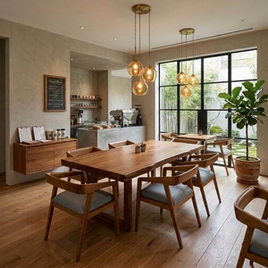 Ensemble de table à manger en bois massif de style mid-century modern avec six chaises, un mélange parfait de durabilité et de confort. - Product Image 4