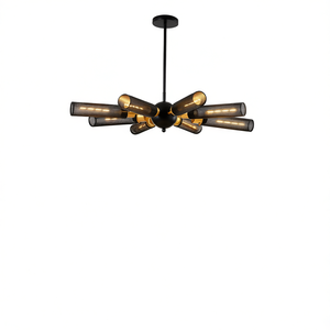 Lustre Sputnik industriel moderne à 8 lumières, abat-jour en maille métallique noir et or, base E26, hauteur réglable pour salle à manger - Product Image 1