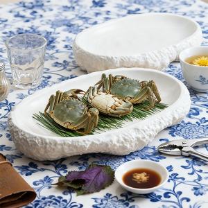 أطباق تقديم سيراميك بيضاء بيضاوية مصنوعة يدويًا بنمط صخري اسكندنافي إبداعي للأطباق الباردة العميقة - Product Image 6