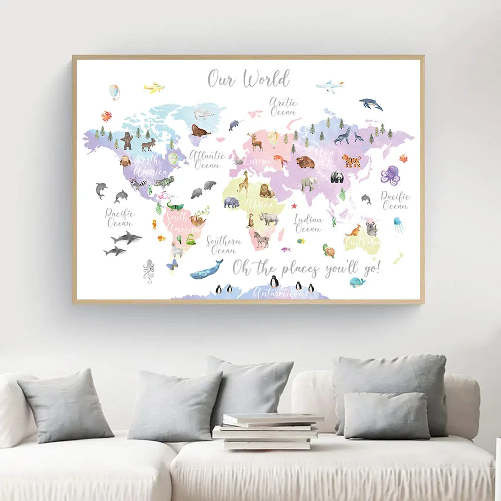 Pädagogische Tierwelt Karte Bild Kinder Poster Kinderzimmer Wand kunst Leinwand druck Malerei Baby Kind Schlafzimmer Spielzimmer Home Decor