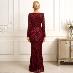 Abito da sera in <span class=keywords><strong>Chiffon</strong></span> rosso lungo fino al pavimento per donne di fascia alta con Silhouette a coda di pesce lucida a maniche lunghe - Product Image 2