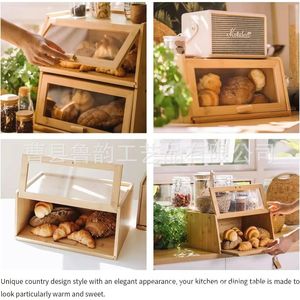 Wooden Bread <b>Storage</b> <b>Box</b> Double Layer With Glass Door Kitchen Organizer 15.73in Length Bamboo Bread <b>Box</b> - Product Image 3