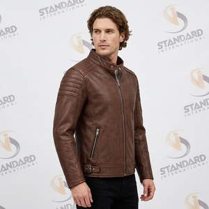 Chaqueta de Motociclista de Cuero Marrón para Hombre, Cuello Alto, Cierre de Cremallera, Corte Ajustado, Moda de Lujo, Ropa de Otoño - Product Image 3