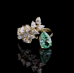 แหวนกลีบดอกไม้สีทอง-ทอง14K/18K, เพชรสีเขียวและเพชรที่ปลูกในห้องปฏิบัติการ, แหวน, ดอกไม้วินเทจ, ผู้หญิง - Product Image 1