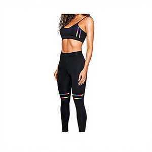 Ensemble de yoga 2 pièces noir à carreaux, col rond, leggings taille haute, débardeur court à fines bretelles, sans couture, extensible, respirant - Product Image 1