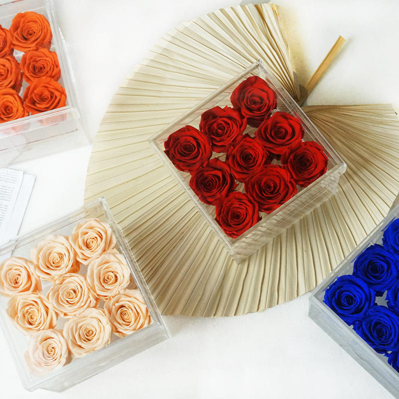 9 roses in acrylic box with drawer
