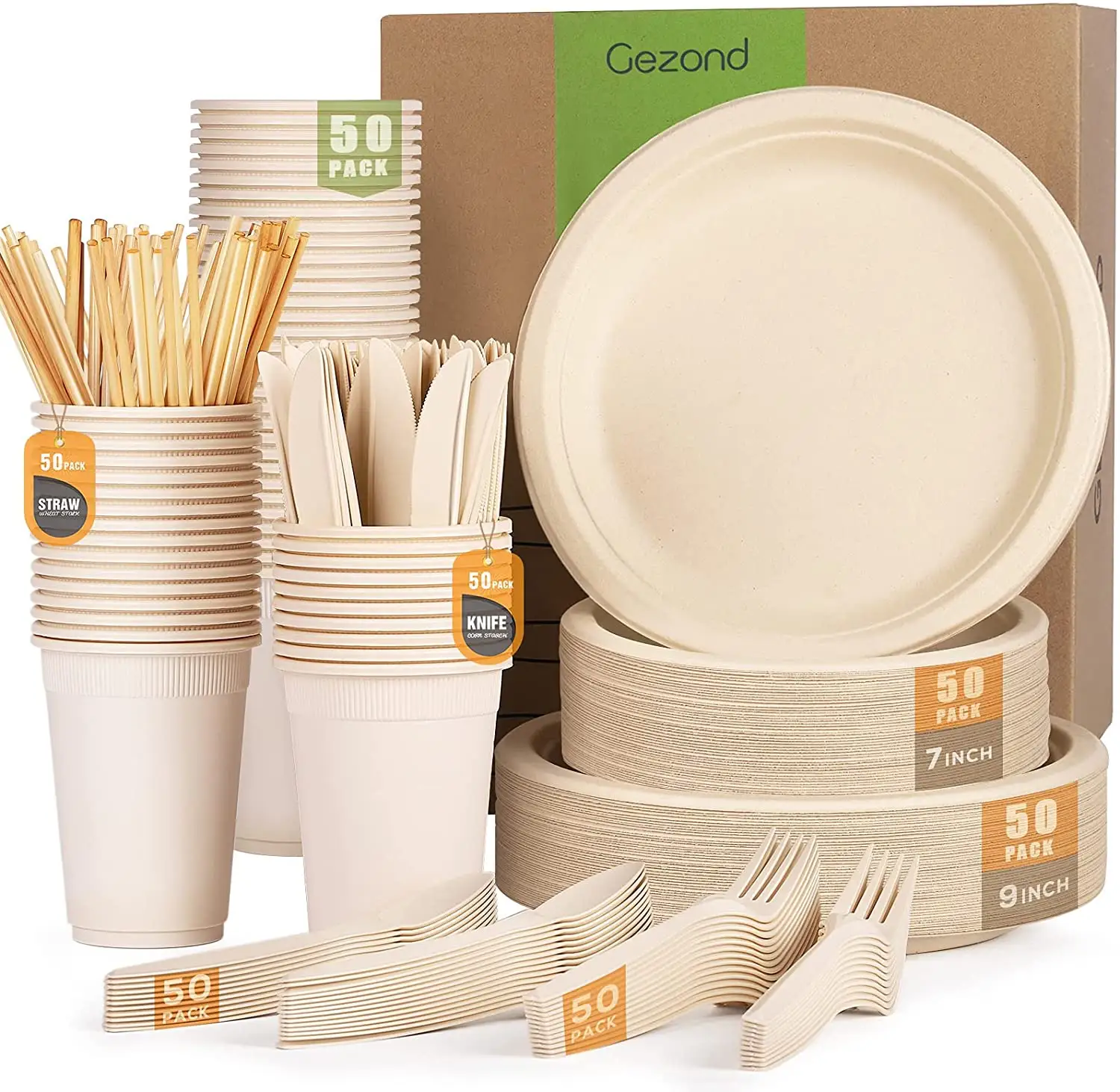 Compostable Paper Plates Set, Eco-friendly Heavy-duty Disposable Paper Plates Includes Biodegradable Plates, Forks, Knives