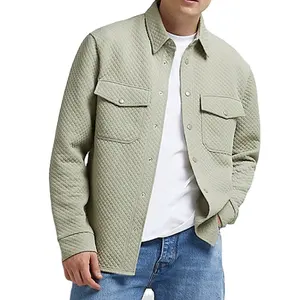 Green Diamond Men Quilted Jackets Snap Buttons Placket Chest Flap Pockets Custom Mens Long Sleeves Shackets
