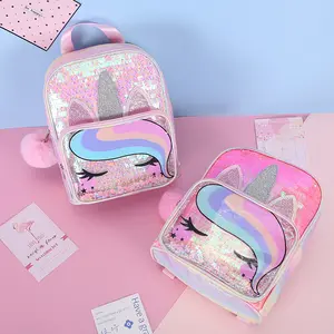 Mochila a rayas con lentejuelas de arcoíris para niños, bolso escolar de gran capacidad, transparente de unicornio de PVC