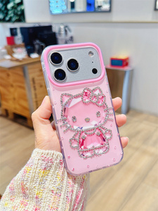 Coque de téléphone portable Cartoon Diamond KT Cat Bow pour iPhone 17 16 15 Pro Max, cadre d'appareil photo mignon et brillant, coque arrière 3D en cristal DIY IMD - Product Image 4