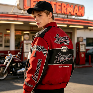 OEM ODM Wholesale <b>Vintage</b> Heavy Embroidered Letterman Varsity <b>Jacket</b> Custom Design Fabric <b>Motorcycle</b> Style Bomber Coat - Product Image 3