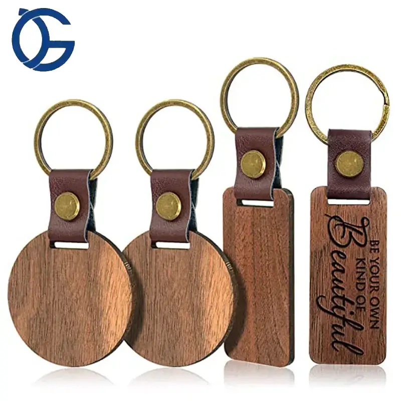 Venta al por mayor madera llavero Porte Cles Logo grabado de madera logotipo personalizado espacios en blanco madera llavero para grabado