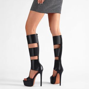 <span class=keywords><strong>Sandali</strong></span> gladiatore neri <span class=keywords><strong>con</strong></span> <span class=keywords><strong>tacco</strong></span> <span class=keywords><strong>alto</strong></span> e punta aperta, sexy, <span class=keywords><strong>con</strong></span> plateau, alti fino al ginocchio, per l'estate - Product Image 2